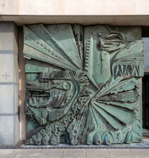 Artwork sculpture entrance door of Roman Catholic cathedral church, Metropolitan Cathedral of