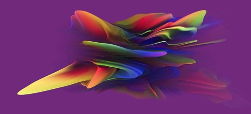 A dynamic holographic 3D shape with a surreal, colorful extrusion floating against a purple