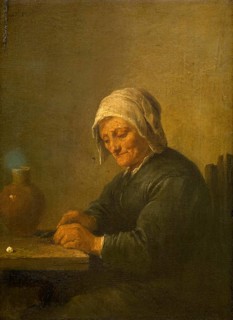An old woman cutting tobacco, painting by David Teniers (baptised 15 December 1610 in Antwerp, died