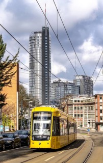 Essen city centre, RWE Tower, EVONIK building, Gutenbergstraße in the southern district, tram line,