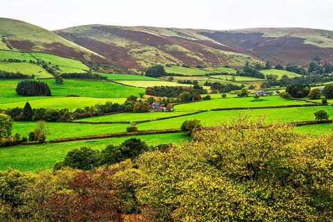 Autumn colors over Farms and Fields, Wales, UK
