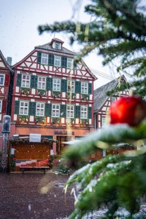 Detailed view of a decorated Christmas tree at a snowy market, Black Forest, Calw, Germany