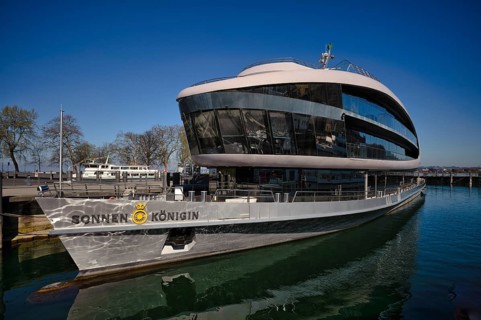 Event ship, passenger ship, motor ship Sonnenkönigin, anchored, harbour, Bregenz, Vorarlberg, Lake