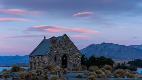 The small church The Church of the Good Shepherd on Lake Tekapo at sunset. Canterbury, South
