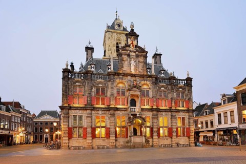 Stadhuis or Town Hall at dawn, Delft, South Holland, Netherlands