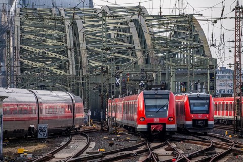 Railway in front of Cologne Central Station, Hohenzollern Bridge across the Rhine, ICE
