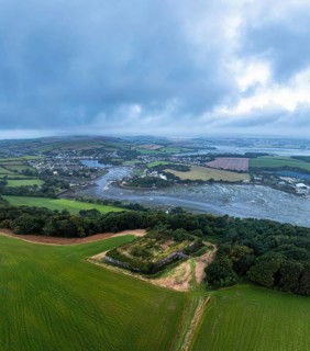 Hawkins Battery Fort over River Tamar from a drone, Cremyll, Plymouth, Devon, England, United