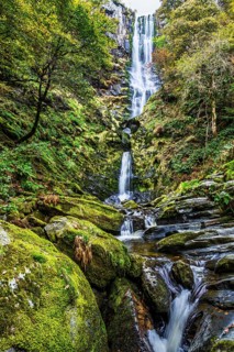 Autumn colors over Pistyll Rhaeadr Waterfall, Berwyn Mountains, Oswestry, Shrewsbury, Wales, UK