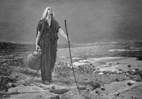 Blind woman with a jug and a stick traveling in the countryside, 1890, authentic, digitally