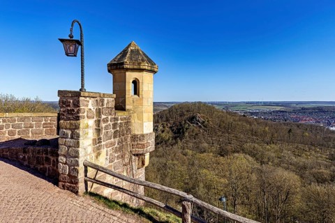 Stone tower with a view of wooded hills and clear blue skies, The watchtower on the Wartburg