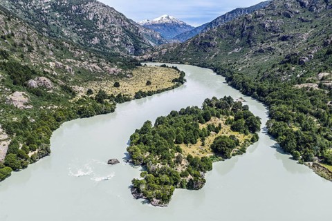 River Rio Baker River, island in the river, just north of the Corte San Carlos historical pioneer
