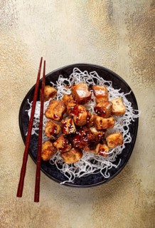 Fried eggplant, with funchosa noodles, with teriyaki sauce and sesame seeds, homemade, no people