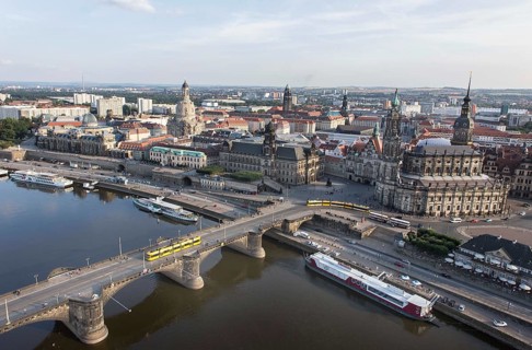 Dresden, 21.08.13 JE - Aerial view of Dresden, view of Augustus Bridge, Elbe, Hofkirche,