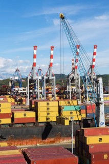 High angle view of stacked MSC, TEX and NileDutch metal box shipping containers loaded onto MSC