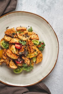 Salad, crispy eggplant in batter, with cherry, sesame seeds, olive oil, homemade, no people