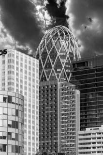 High-rise office buildings in La Défence, largest high-rise office district in Europe, black and