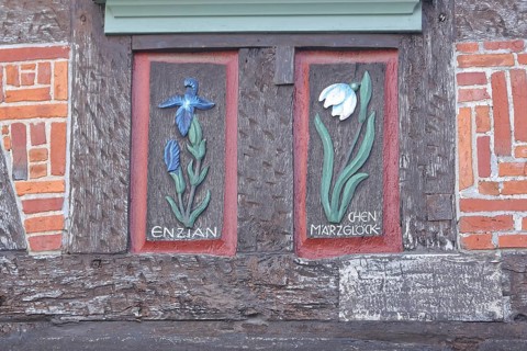 Wood carvings with gentian and fairy tale cup, flower figures, historic half-timbered house,
