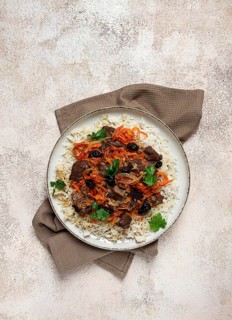 Kabuli pulao, pilaf, the national dish of Afghanistan, rice with meat, homemade, no people