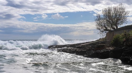 High tide in the sea on the east coast in Cala Ratjada, Majorca, Spain