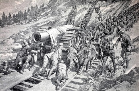 First World War, difficult transportation of a heavy gun in the Italian Alps, Italian soldiers,