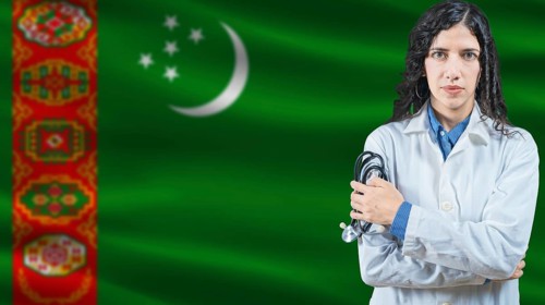 Turkmen national health system, Medical professional on Turkmenistan flag background