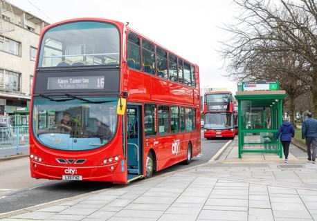 Red double-decker City Bus, Volvo B9TL Wright Eclipse Gemini, Royal Parade, Plymouth, Devon,