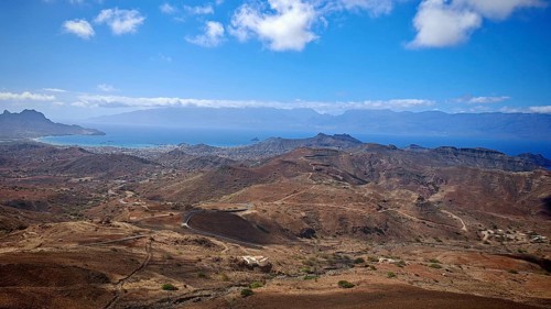 Panorama, view from Monte Verde over Sao Vicente, vast landscape with hills and views of the blue