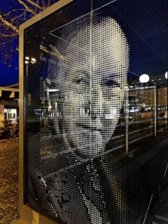 Portrait of Konrad Adenauer on the glass pane at the underground exit Heussallee and Museumsmeile,