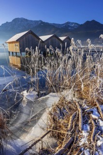 Boat huts, icy shore, lake, morning light, fog, snow, winter, mountains, Lake Kochel, Schlehdorf,