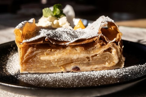 A slice of traditional Austrian apple strudel, dusted with powdered sugar and accompanied by