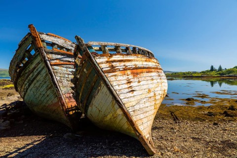 Europe, Scotland, Isle of Mull, ship graveyard near Salen, boat, boats, wreck, rust, rusted, rusty