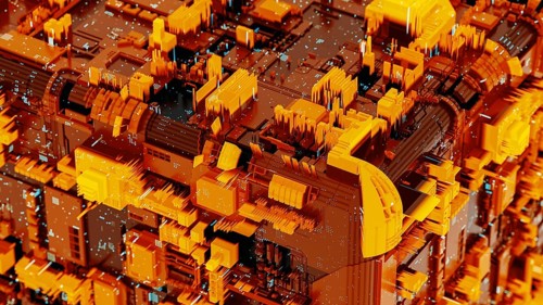 This background showcases a complex arrangement of abstract circuitry, with warm orange hues and