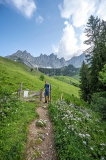 Mountaineers on a hiking trail, Tor tor at a pasture fence, rocky mountain peaks behind, Wilder