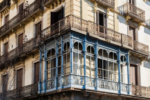 Art nouveau balcony on a house façade in the El Born district of Barcelona