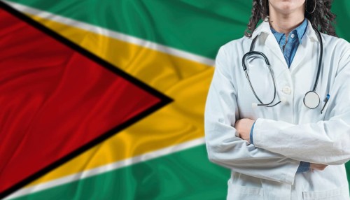 Medical professional on Guyana flag. Healthcare and wellness in Guyana, Concept