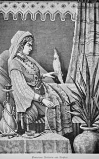Noble Arab woman from Baghdad, portrait of a young woman on a canapé seat and reclining furniture,