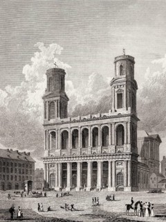 Church St Sulpice, Paris, antique steel engraved print, 1831