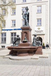 Saxonia fountain with blacksmith and spinner on Johannisplatz, Chemnitz, Saxony, Germany