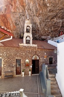 Greek orthodox monastery Elona, Moni Elonis on the cliffs, bell tower, Parnon Mountains, Arcadia,