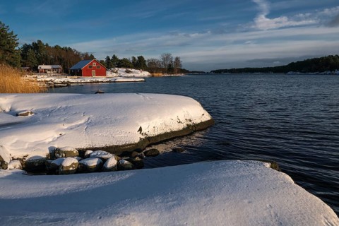 Boathouse, snowy archipelago landscape, sea, Korpoström, Korpo or Korppo, southwestern archipelago,