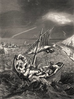 Jesus sleeps in boat during the storm, New Testament, steel engraving 1853, digitally restored