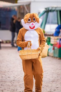 Person wearing Easter bunny costume holding basket at a market, Easter campaign, Sindelfingen,