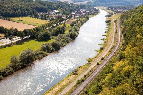 View from the Skywalk on River Weser, Beverungen, Weser Uplands, North Rhine-Westphalia, Germany