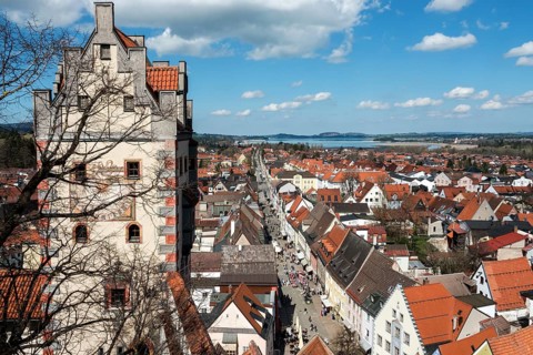 View of the old town of Füssen from the Hohes Schloss, right Lech, Ostallgäu, Allgäu, Bavaria,