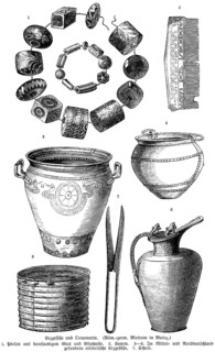 Metal vessels, jewellery and utensils from the Roman period, glass bead necklace (1), comb (2),