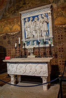 Altar in the church room of the medieval Gradara castle, Marche region, Italy