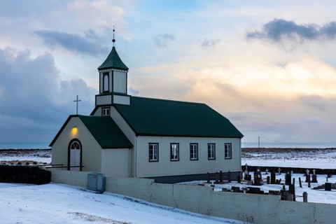Útskálakirkja, Lutheran church, snow, winter, Garður, Iceland, Scandinavia