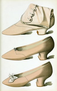 Shoe fashion in 1900, women's shoes, heliotrope coloured shoes, satin boot, satin shoe with trio of