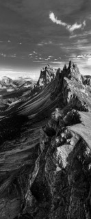 The peaks Sas Rigais and Furchetta of the Geisler Group, panoramic photo, drone photo, black and