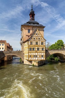 Old Town Hall in the Regnitz and Upper Bridge, Bamberg, Bavaria, Germany